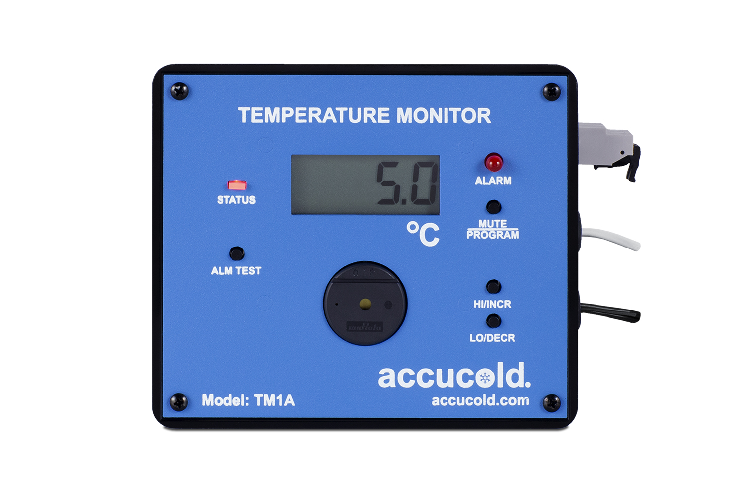Remote alarm contacts for aftermarket use on most refrigeration equipment with a display of the current and high/low temperature and audible/visual temperature alarm